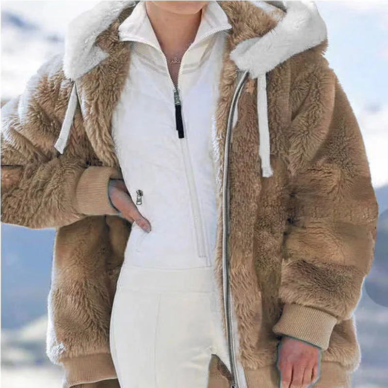 Winter Women Jackets Plush Casual Oversize Fleece Plaid Y2K Hooded Zipper Fashion Cashmere Warm Solid Color Ladies Coats 241113