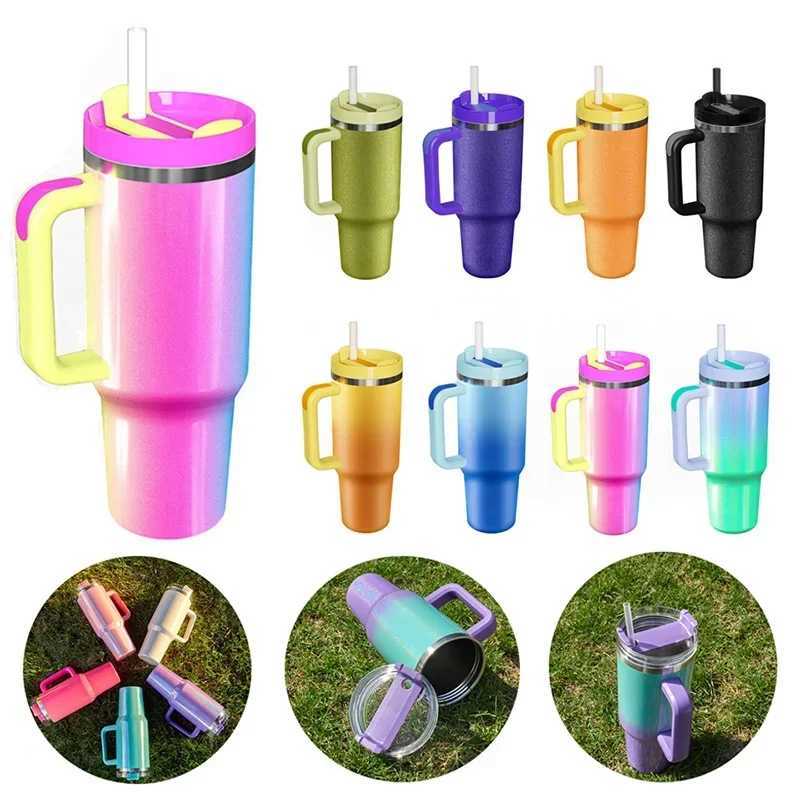 1200ml 40oz stainless steel water bottle with handle straw vacuum hot cup large capacity station wagon coffee Y241114