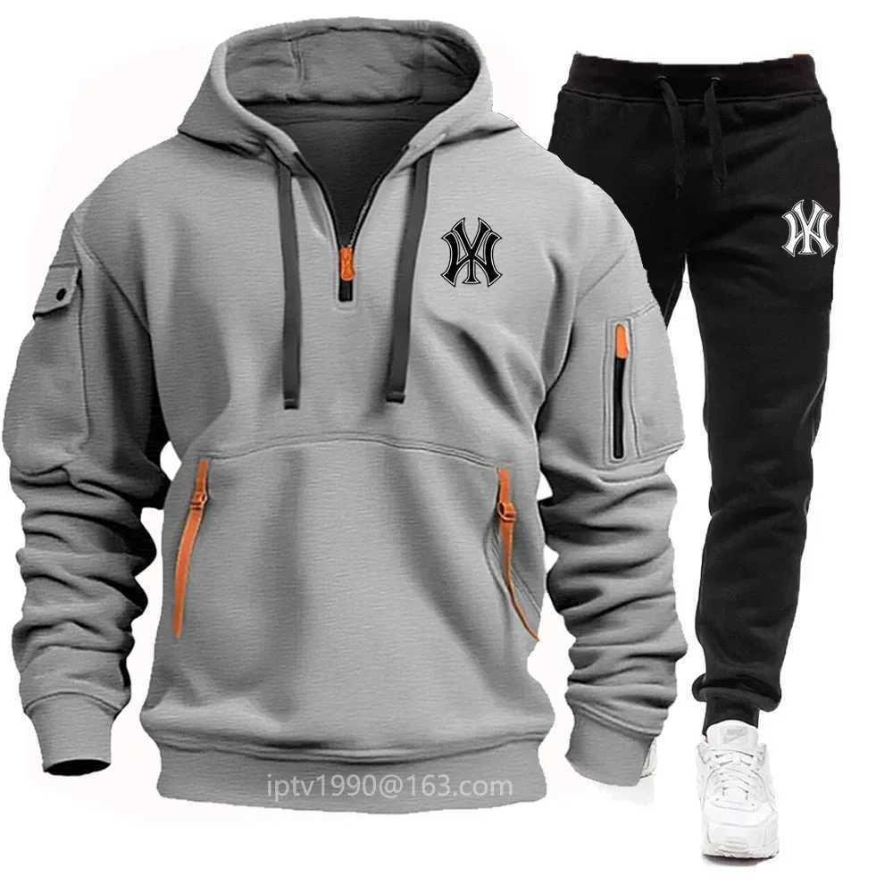 Mens Mens autumn and winter multi pocket zipper hooded sweatshirt+sweatpants 2 sets of casual jogging hooded sweatshirt sportswear X241113
