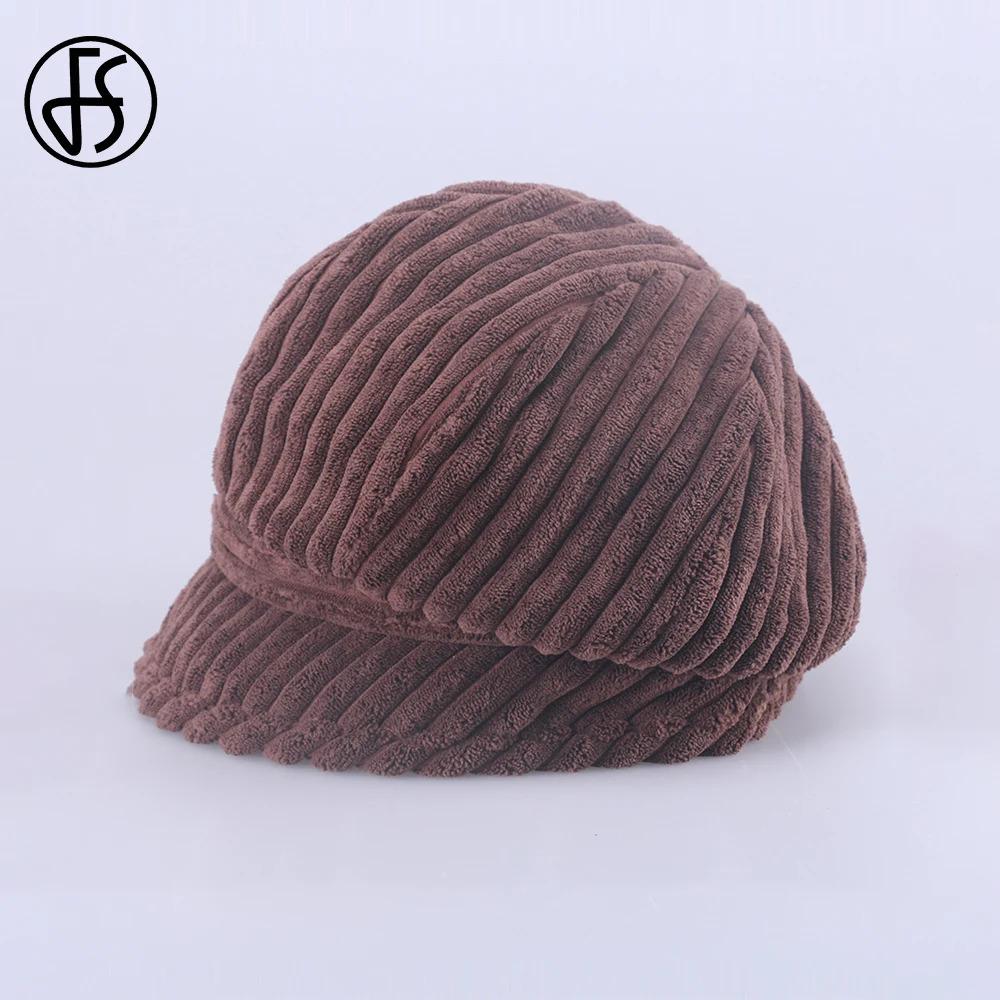 FS Brown Beret Hats For Women Beige Octagonal Hat Fashion Versatile Corduroy Fedora Vintage Black sboy Cap Spring 240412