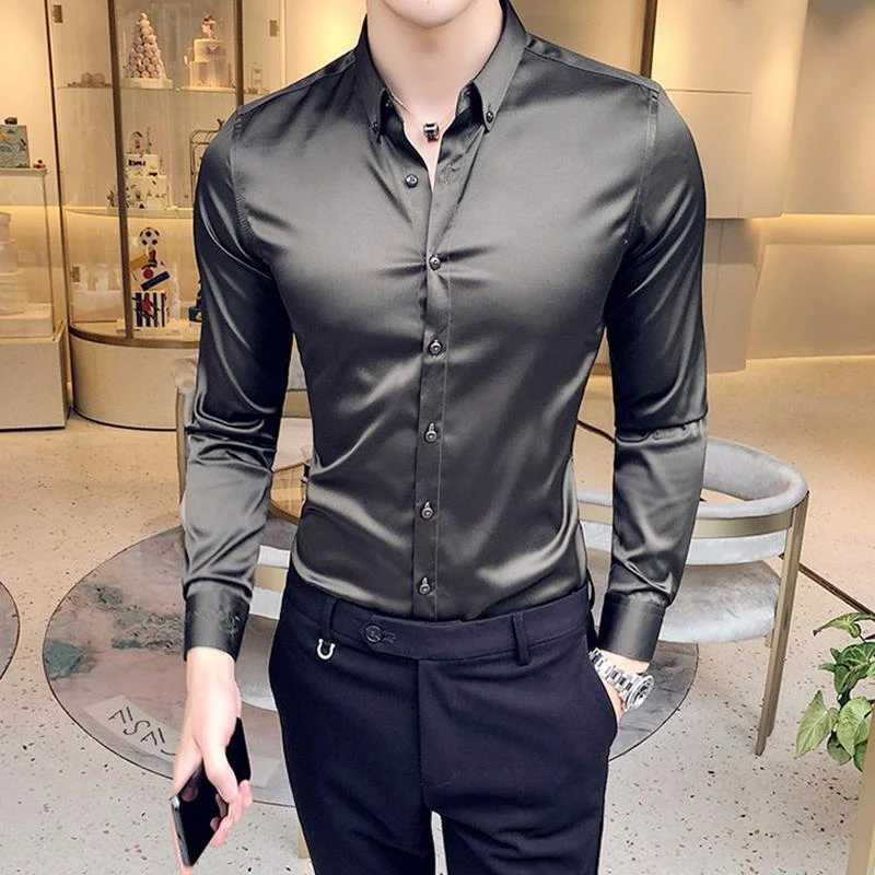 Plain Long Sleeve Shirts and Blouses for Men Business Silk Summer Button Man Tops Fashion 2024 Social High Quality Clothing S IXJ24113