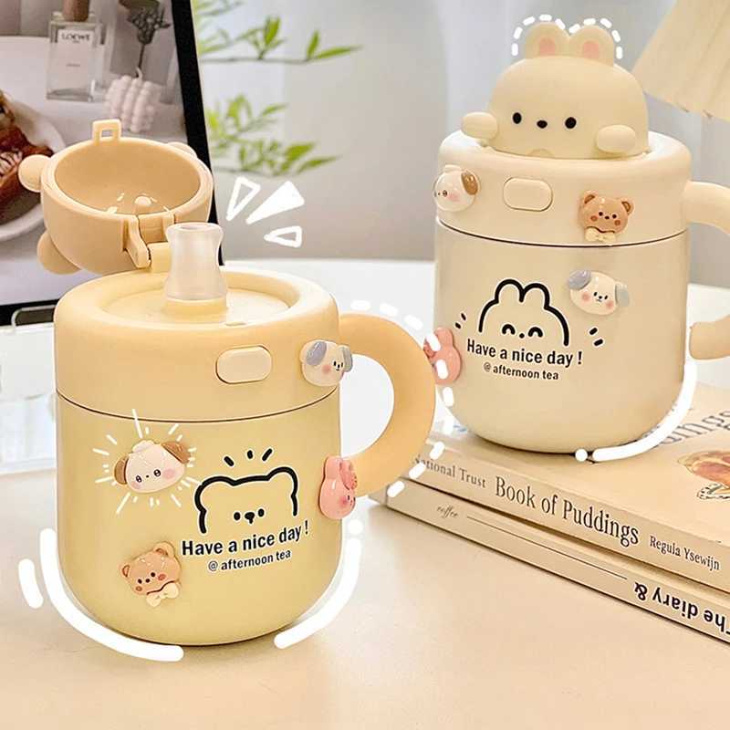Kawaii Bear Coffee Hot Cup suitable for cold drinks hot drinks hot tea stainless steel cup with straw lid Y241114