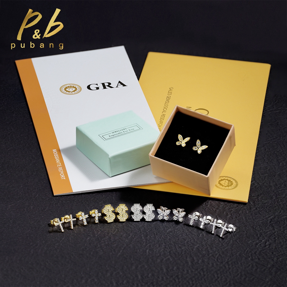 PuBang Fine Jewelry 925 Sterling Silver VVS1 GRA Moissanite Diamond Cross Stud Earrings for Women Men Anniversary Gift Wholesale