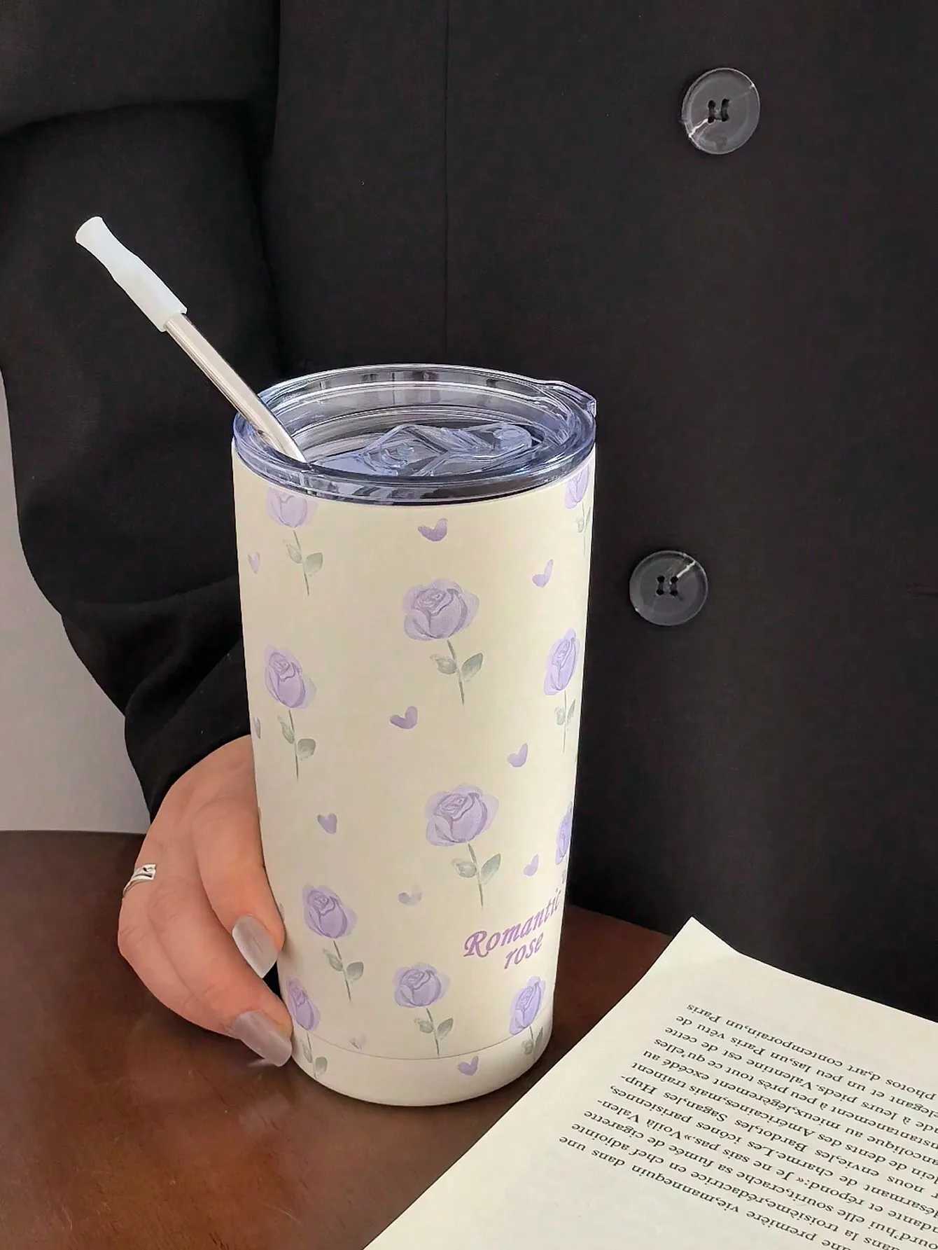 1PC 550ml rose patterned double-layer stainless steel hot cup g coffee cup water bottle travel g Halloween/Christmas/ Y241114