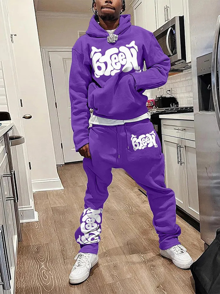 Mens Printed Hoodie Bell Pants Suit Twopiece Y2k Street Sports Hooded Sweatshirt Straight Trousers Fashion Tracksuits 241111