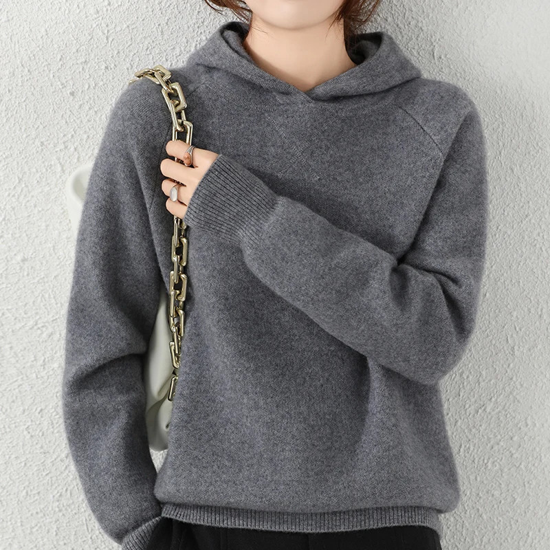 100% Cashmere Womens Sweater Pullover Hoodie Long Sleeve Button Winter Thickened Warm Knitted Top Womens 241113