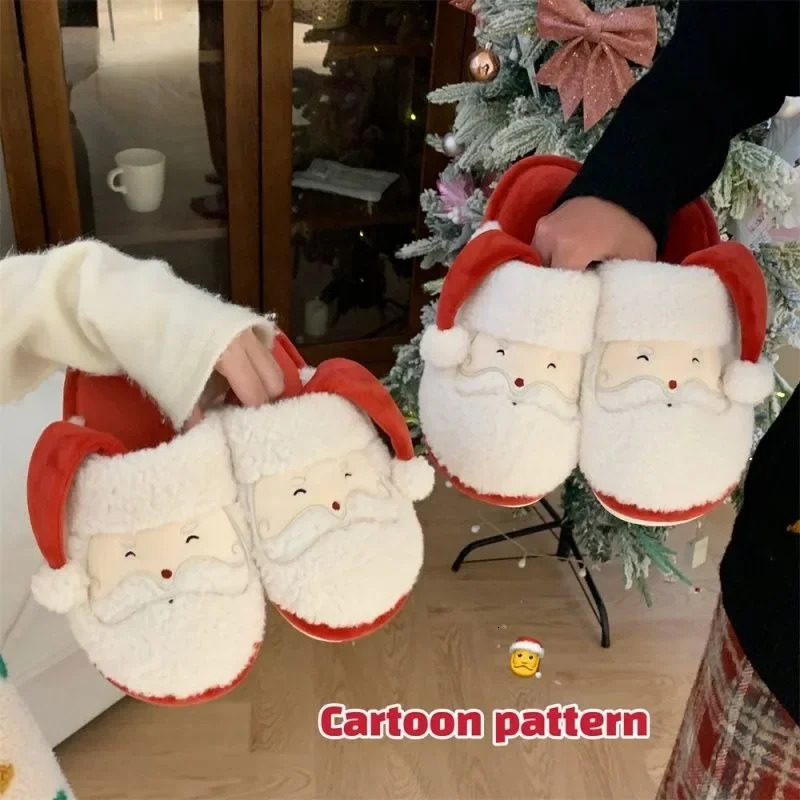 Cute Santa Claus Mens Indoor Non slip Woolen Leather Shoes Couple Winter Warm Cotton Slippers Christmas Party 241113