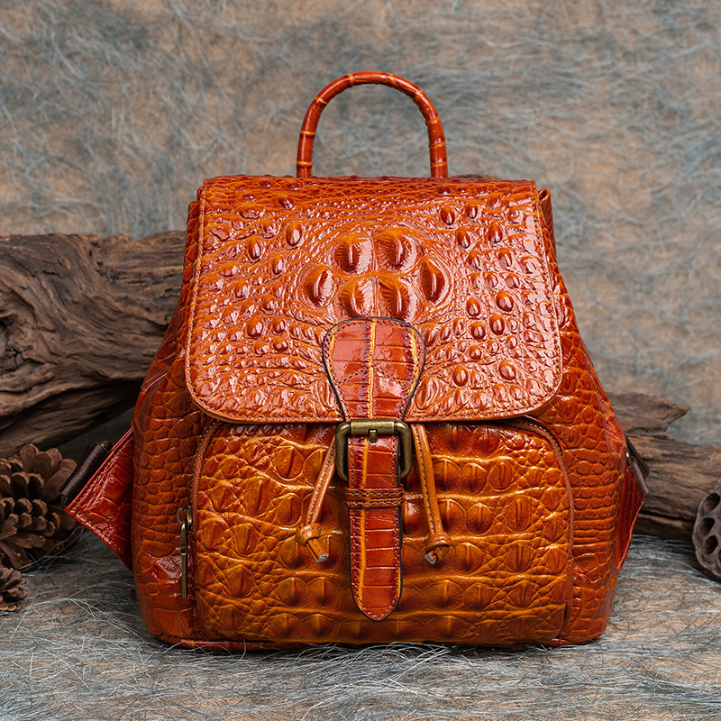 Vintage Women Genuine Backpack Crocodile Pattern Women's Real Cow Leather Bagpac Anti-Theft Ladies Travel Bag Genuine Leather BagVoyage