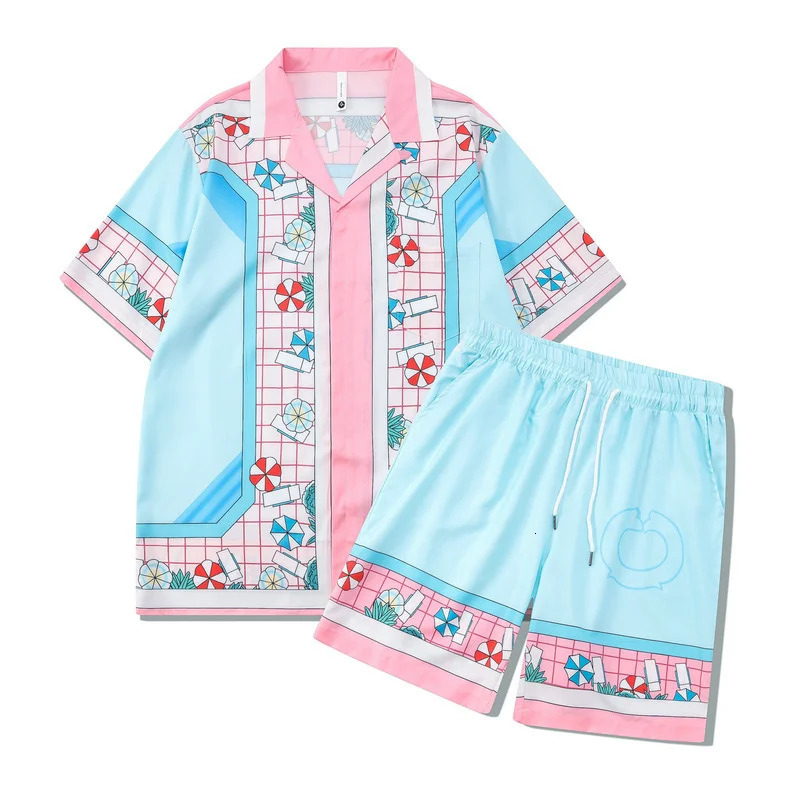 Hip Hop Men 2 Piece Set Vintage Print Button Hawaiian Shirt and Shorts Suit Summer Fashion Casual Short Sleeve Outfit 240412