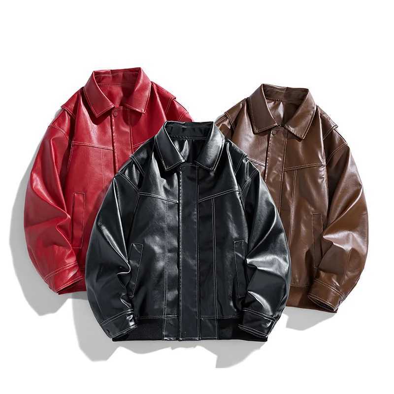 American retro PU leather red mens jacket with lapel casual loose suit fashionable leather jacket couple street Harajuku jacket W241113