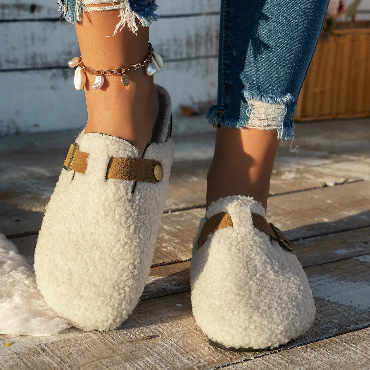 Women Slippers Mules Fur Women Shoes Winter Buckle Flats Platform Walking Plush Ladies Slides Casual Warm Indoor Boots Women 241114
