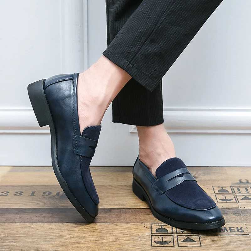 Leather casual shoes Mens slip- pointed loafers splicing English style Chelsea booties frosted suede 47 48 plus sizeXJ250118