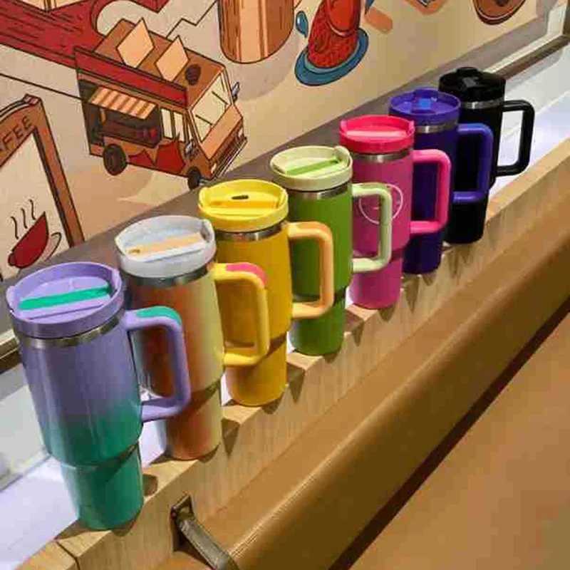 1200ml 40oz stainless steel water bottle with handle straw vacuum hot cup large capacity station wagon coffee Y241114
