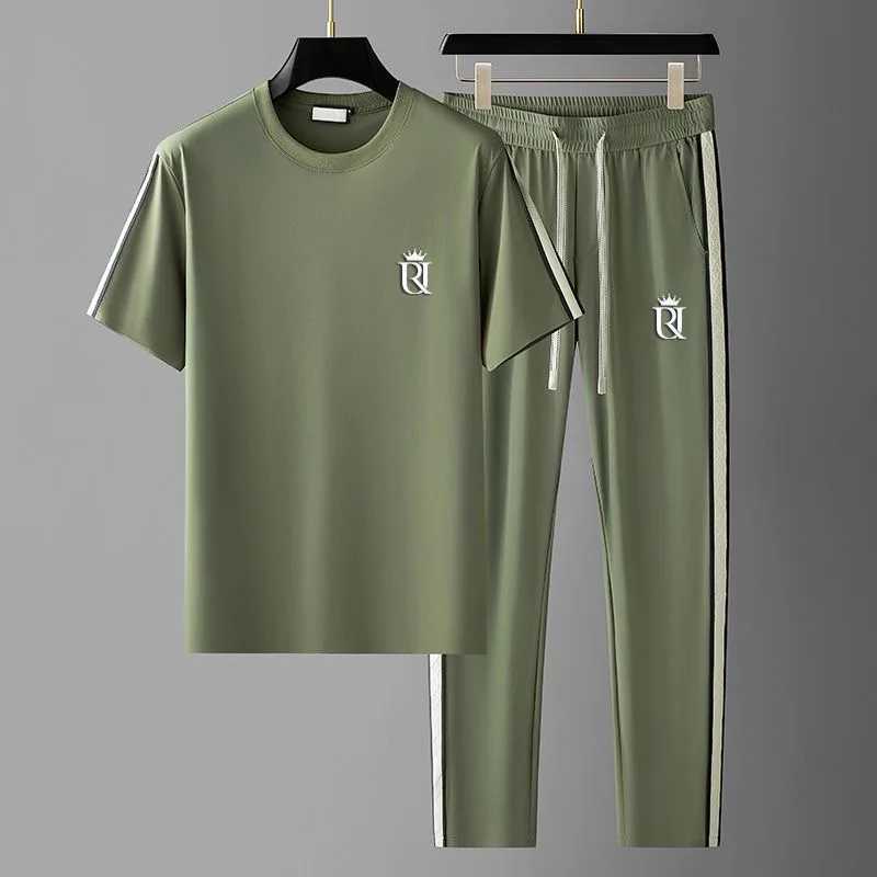 Mens 2024 Summer New Fashion Trend Ice Silk Sportswear Mens Casual Relaxation Comfortable Breathable Large Size Two Piece Set L-4XL X241113