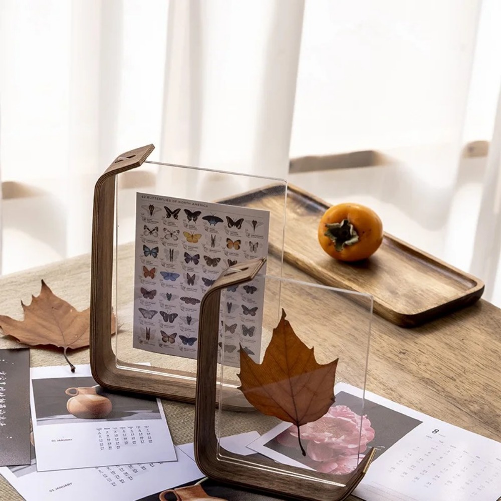 Walnut Beech Creative Frame Set Acrylic U Shape Transparent Frames 10X15 14X21cm Desktop Wood Pictures Photo Card Holder H260306