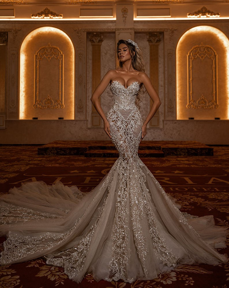 Modern Crystals Beaded Satin Wedding Dress With Detachable Train Long Sleeves Chapel Bridal Gowns Pleats White Garden Bride Dresses Spring Vestido De 