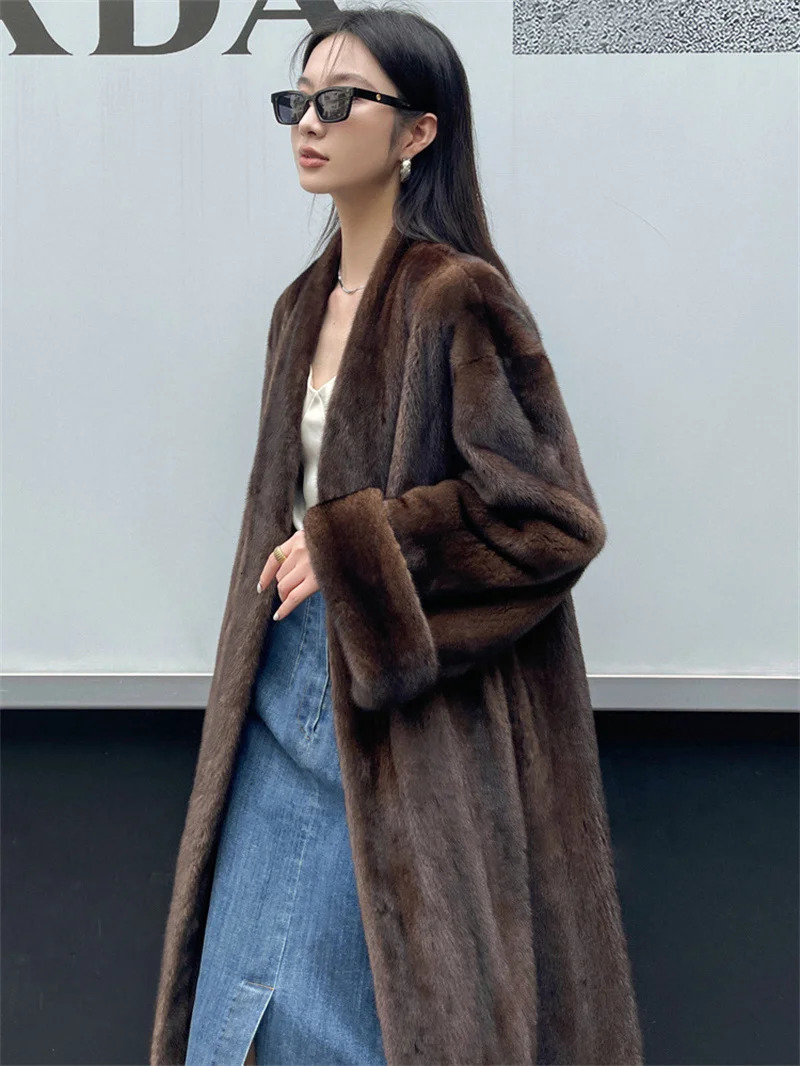 Womens winter jacket V-neck loose and fashionable warm mink fur womens jacket casual long style park brown 241113