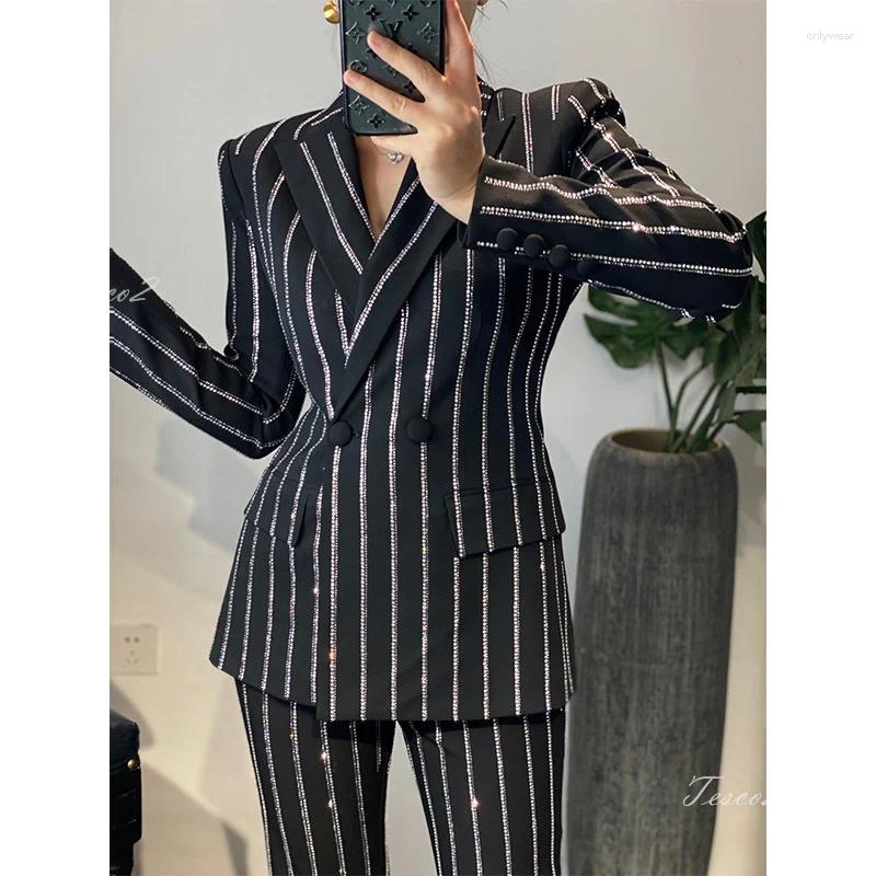 Women's Two Piece Pants Tesco Sparkling Diamond Suit Sets Gray Black Double Breasted Elegant French Jacket Trousers Slim Temperament Outfits