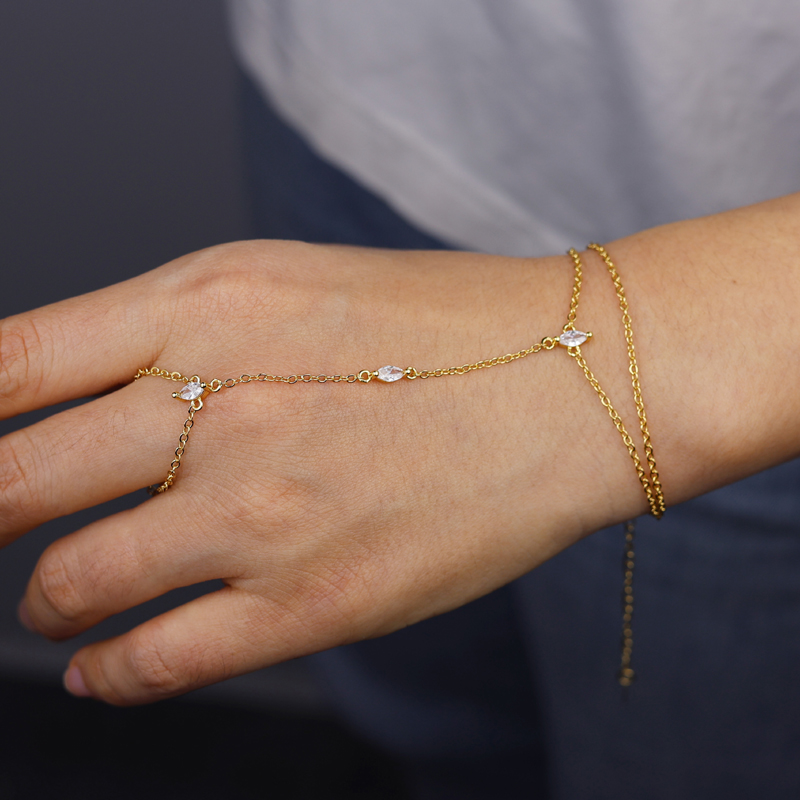 Geometric 3 Pcs Marquise Cubic Zirconia CZ Double Wrist Hand Chain Bracelet Simple Fashion Women Jewelry