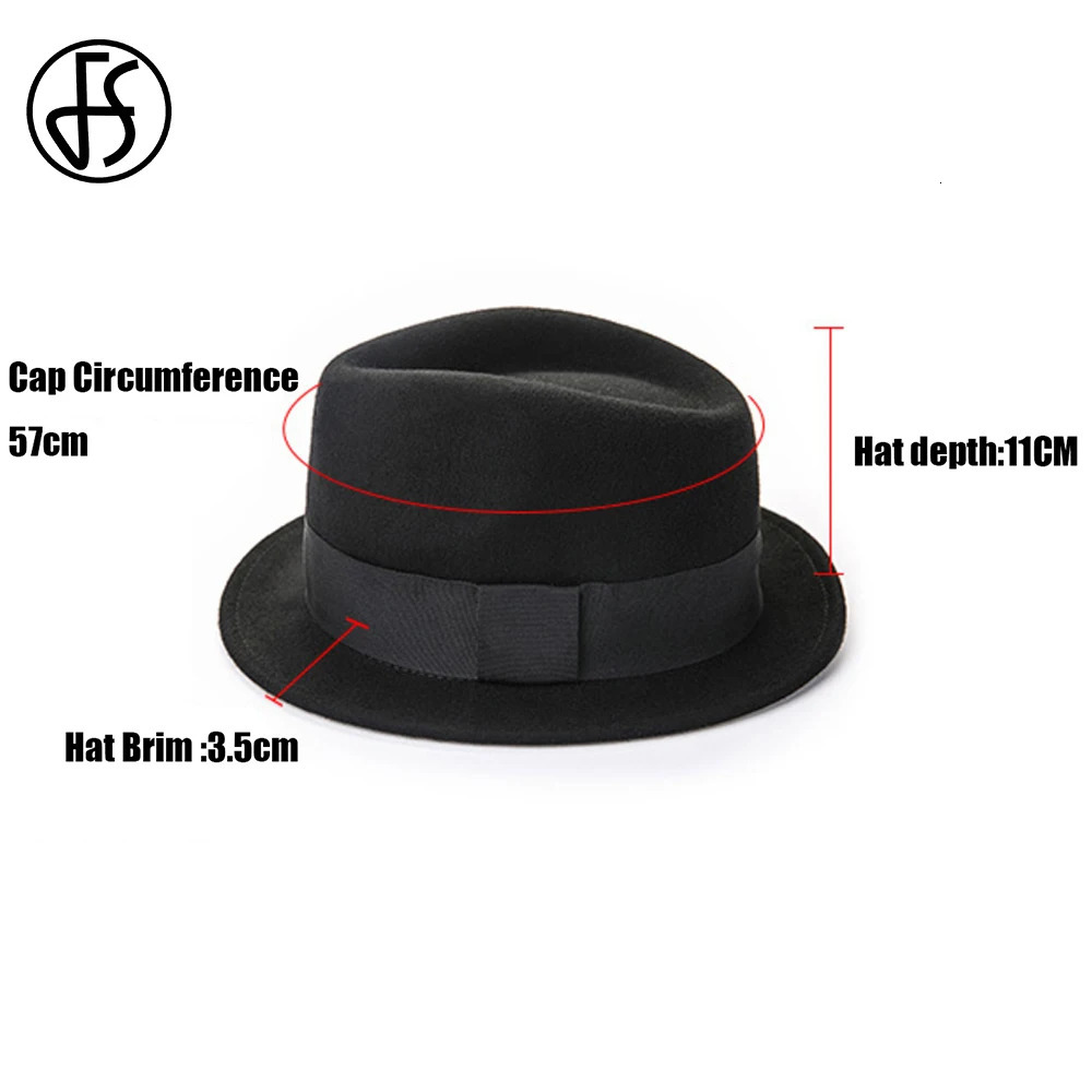 FS Vintage Black Pork Pie Hats Men Unisex Church Jazz Hat Gentlemen Wool Felt Fedoras Ribbon Trilby Panama Gangsters Cap 240412