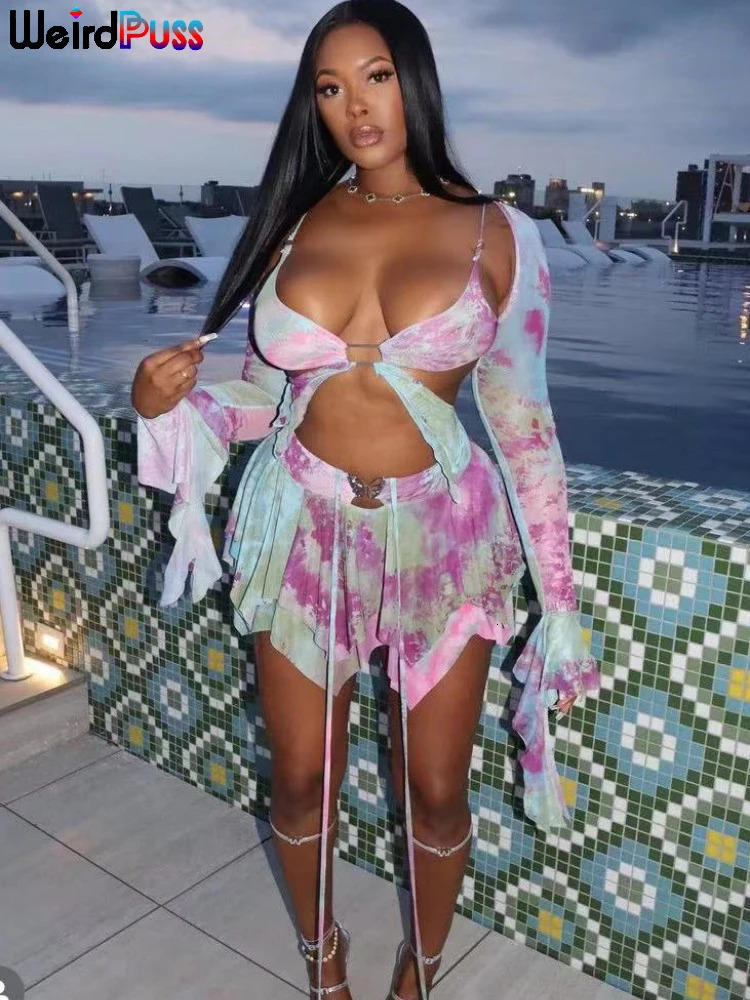 Weird Puss Sweet Women 3 Piece Set Sexy Tie Dye Print Irregular Butterfly CamisoleCrop TopsSkirts Matching Streetwear Outfits 240403Z