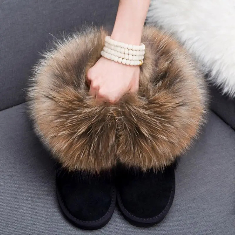 Real leather womens ankle boots customized winter womens shoes apartment real fox - fur warm womens shoes snowshoes 241113