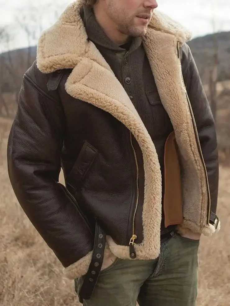 New faux leather wool fur integrated mens jacket with long sleeves and thick faux fur W241113