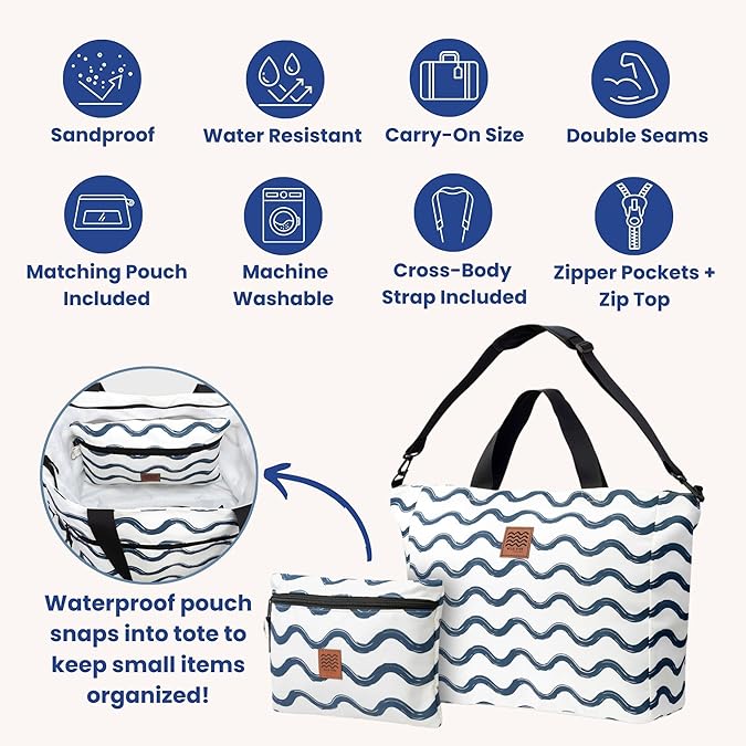 Travel Beach Bag Tote, Lightweight Beach Bag, Packable Beach Bags , Vacation Bag with Zipper, Gifts For Women