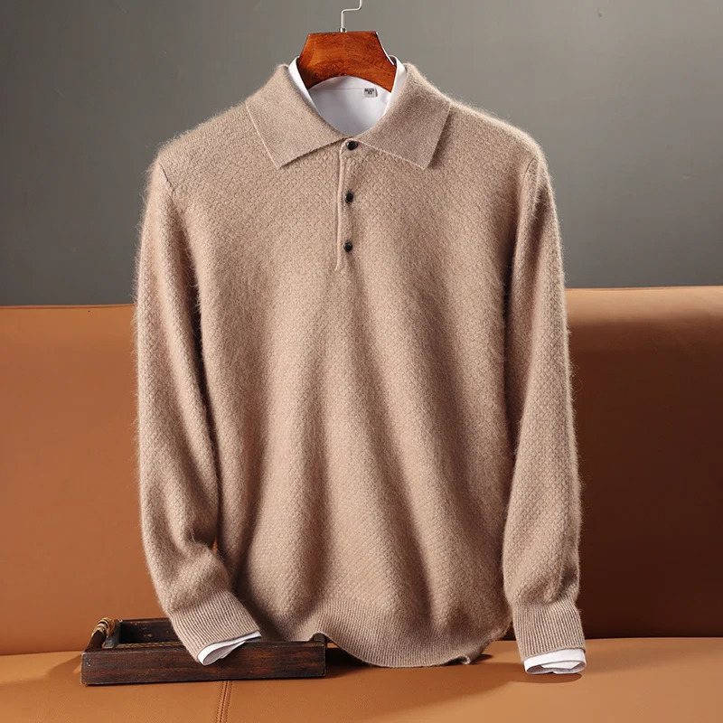 Autumn and winter 100% mink cashmere sweater mens knitted polo neck casual business thick warm long sleeved 241108