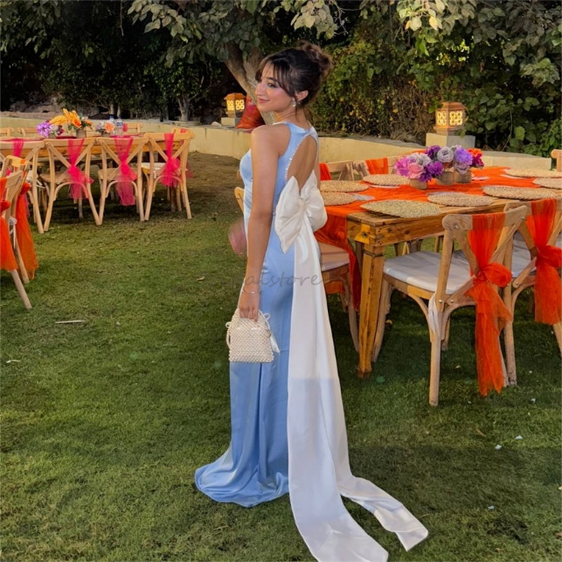 Charming Blue Evening Dress With Big Bow Sexy Open Back Mermaid Prom Dress Sleeveless Formal Birthday Party Gowns Vestidos De Fiesta 2025 Robes Soiree