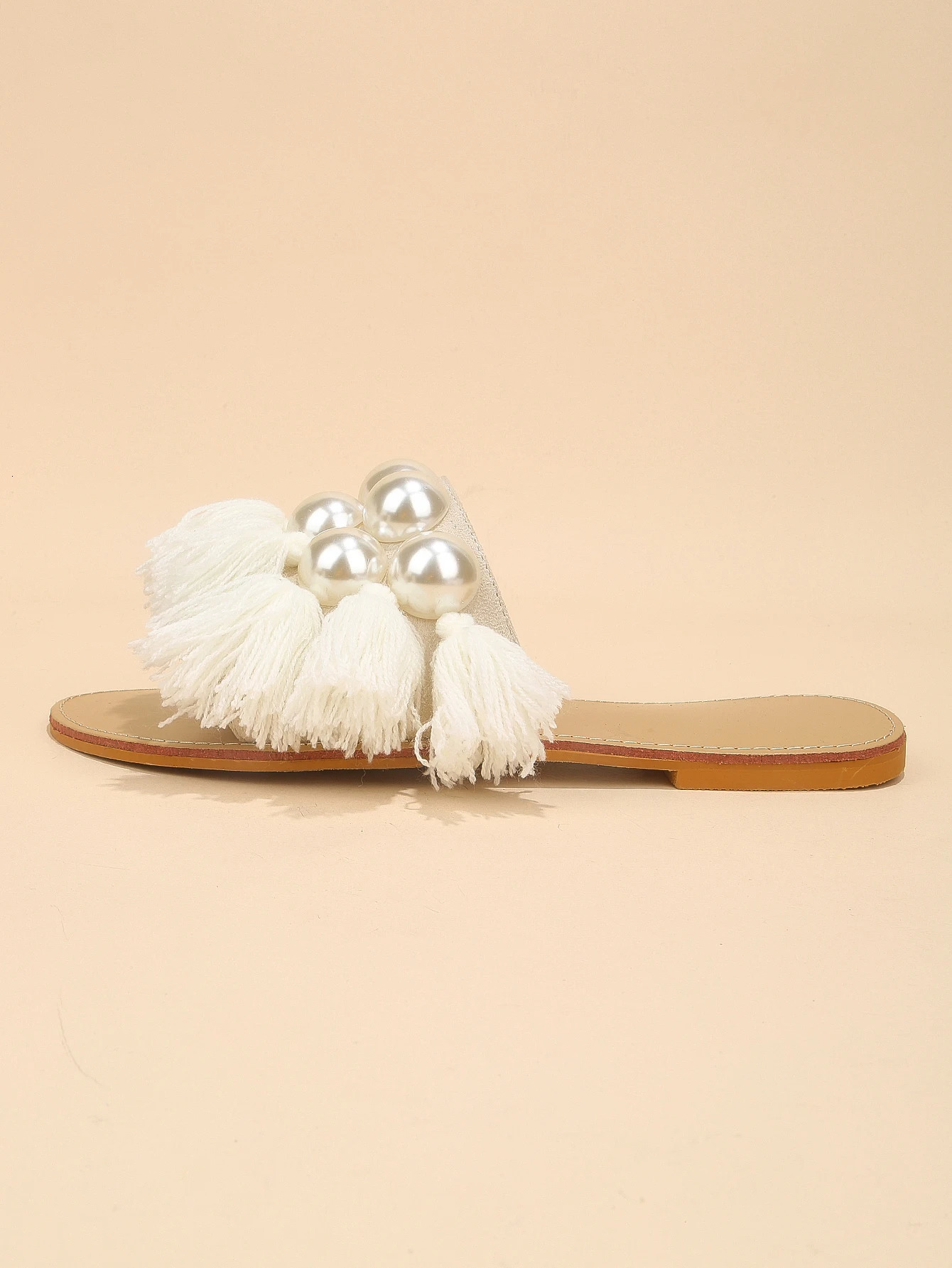 White fur pearl rhinestone home shoes vacation slippers 241113