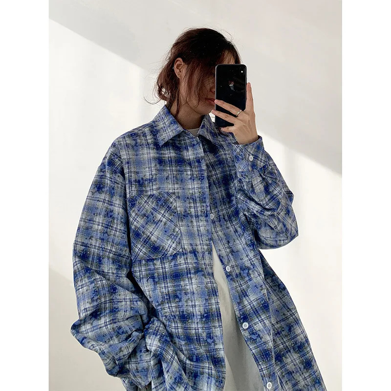 Mens fashion long sleeved brushed plaid shirt mens blue casual slim fit button down plain weave oversized mens plus size shirt 241113