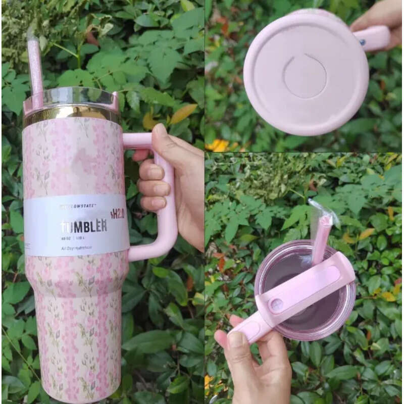 US Stock Rosa Beaux Pink Wicked 40Oz Bow Cap LOVE SHACK FANCY Cups Rose Blue Magnolia Lilac Ral Stainless Steel Tumblers With Silicone Handle Lid Stra