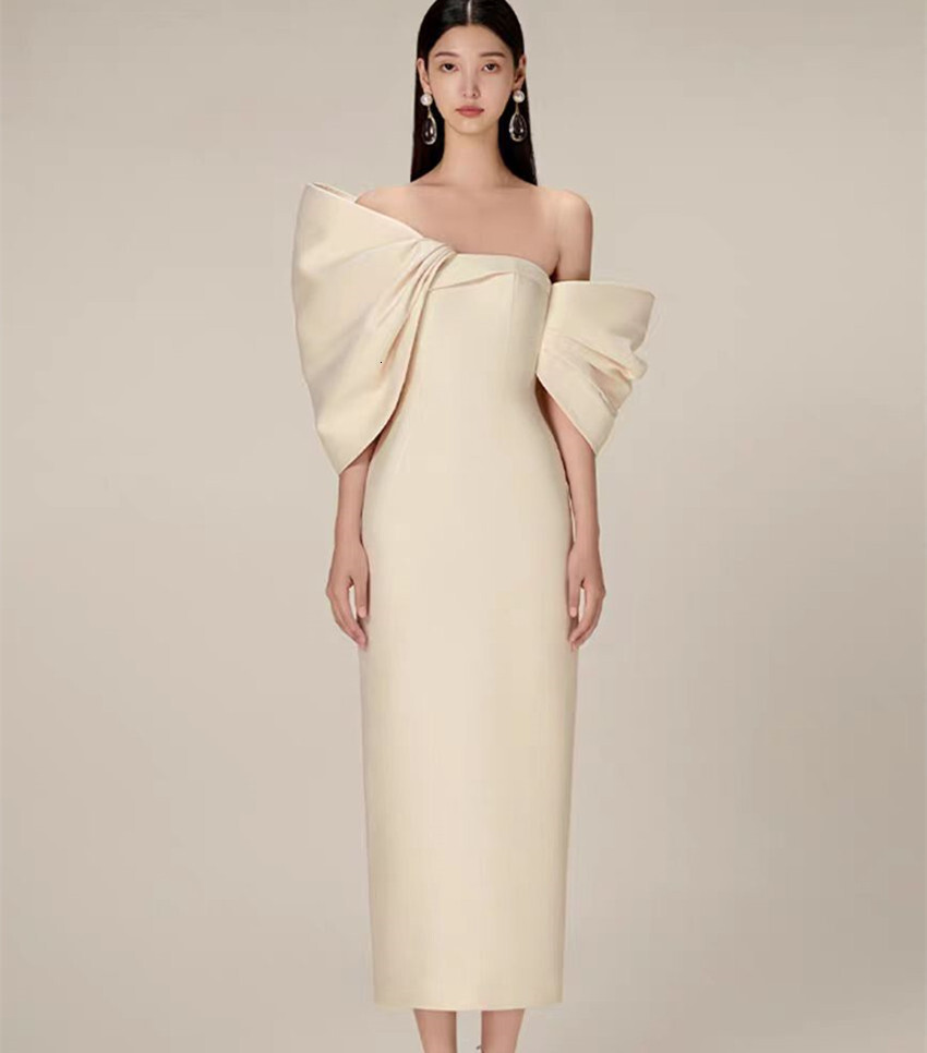 New Runway Fashion Summer Prom Party Pencil Dress French Women Sexy Off The Shoulder Back Large Bow Bodycon Split Midi Vestidos