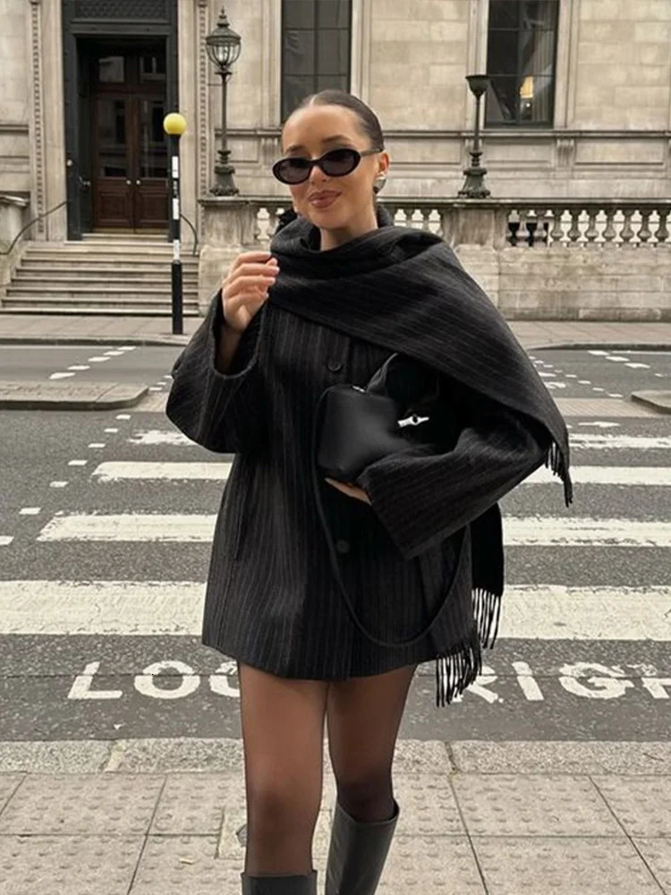 Elegant Striped Women Short Coat With Scarf Fashion Loose Full Sleeve Single Breasted Female Overcoat Autumn Ladies Thick Jacket 241114