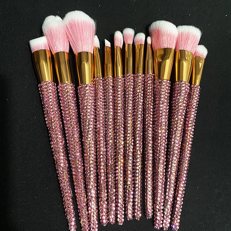 12Pcs/set Diamond-studded Makeup Brushes Gems Makeup Beauty Tools Full Diamond Loose Powder Foundation Concealer Brush Bling 240412