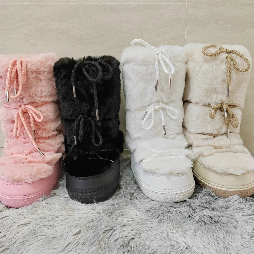 Womens artificial fur leather boots with middle claw strap waterproof platform snow boots for winter warm and comfortable womens pink ski boots 241113
