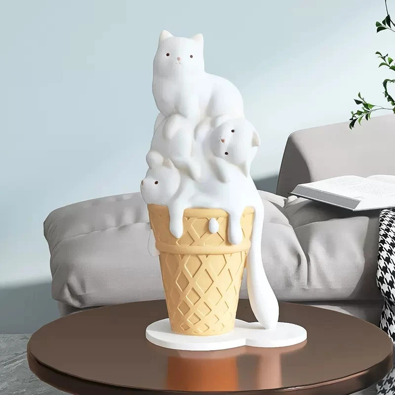 ARTLOVIN Ice Cream Cat Sculpture Resin Figurines For Bookcase Shelf Modern Home Room Decor Creative Animal Figures Gift 240409