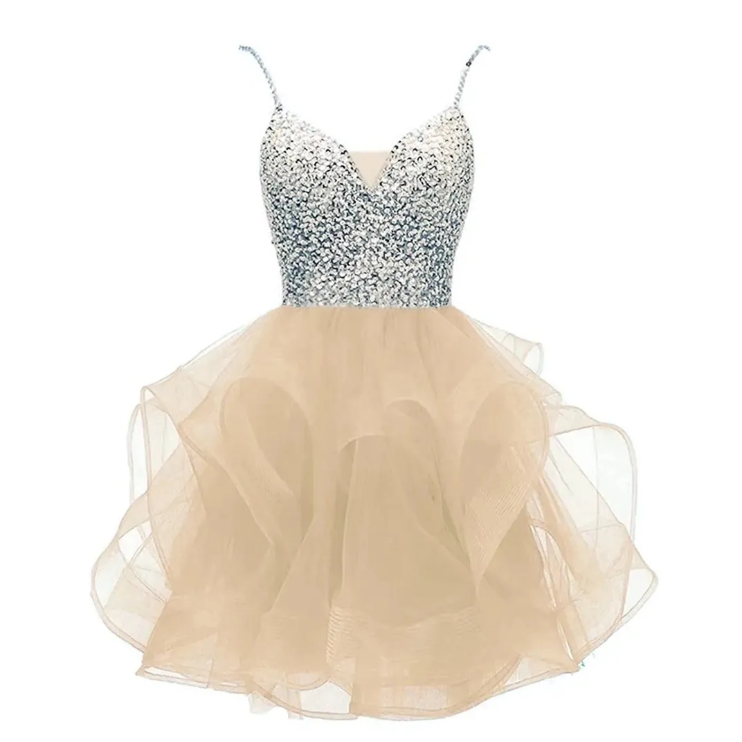 Fuchsia Homecoming Dresses Organza V-Neck Spaghetti Straps Beaded Short Graudation tail Prom Party Gown