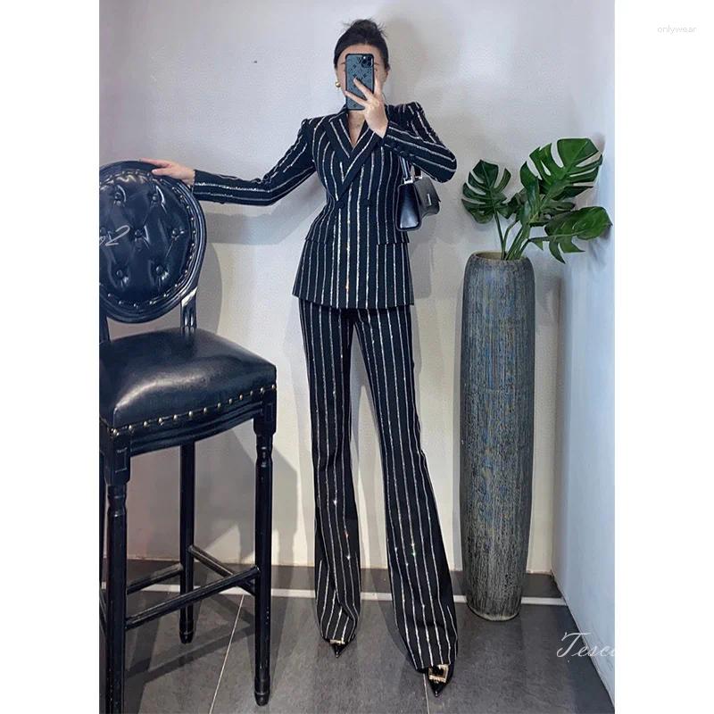 Women's Two Piece Pants Tesco Sparkling Diamond Suit Sets Gray Black Double Breasted Elegant French Jacket Trousers Slim Temperament Outfits