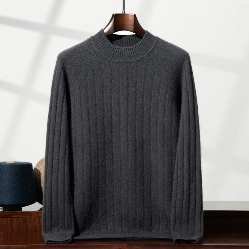 ZOCEPT 100% cashmere brushed mens winter thick warm knitted solid color semi navy blue collar long sleeved cashmere sweater 241113