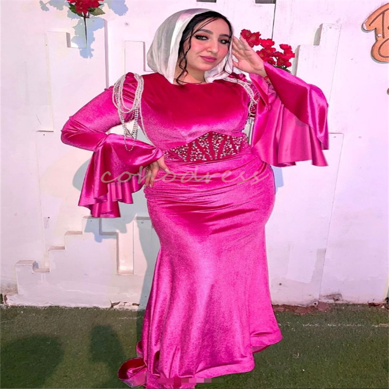Hot Pink Arabian Evening Dress Plus Size Memaid Prom Dresses Muslim Long Sleeve Engagement Reception Formal Party Moroccan Robe De Soiree 2025