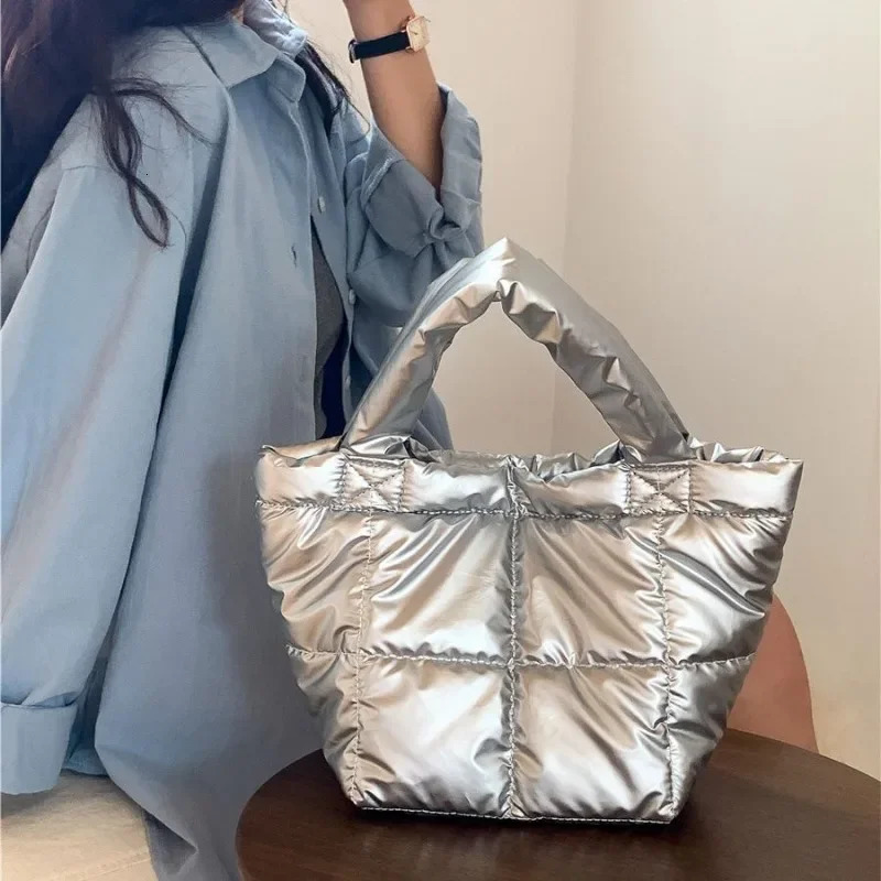 Winter Down Tote Bag for Women Puffer Handbag Trendy Chic Puffy Top Handle Bag Quilted Padded Shoulder er Shopper Bag 241114