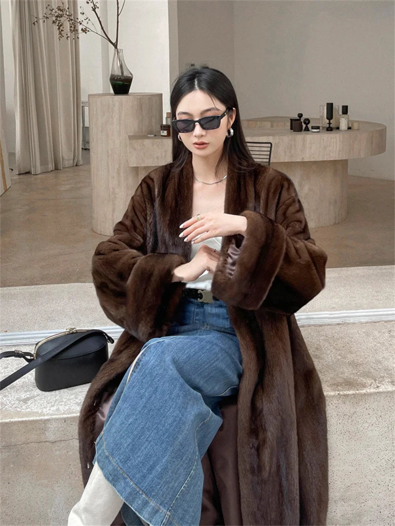 Womens winter jacket V-neck loose and fashionable warm mink fur womens jacket casual long style park brown 241113
