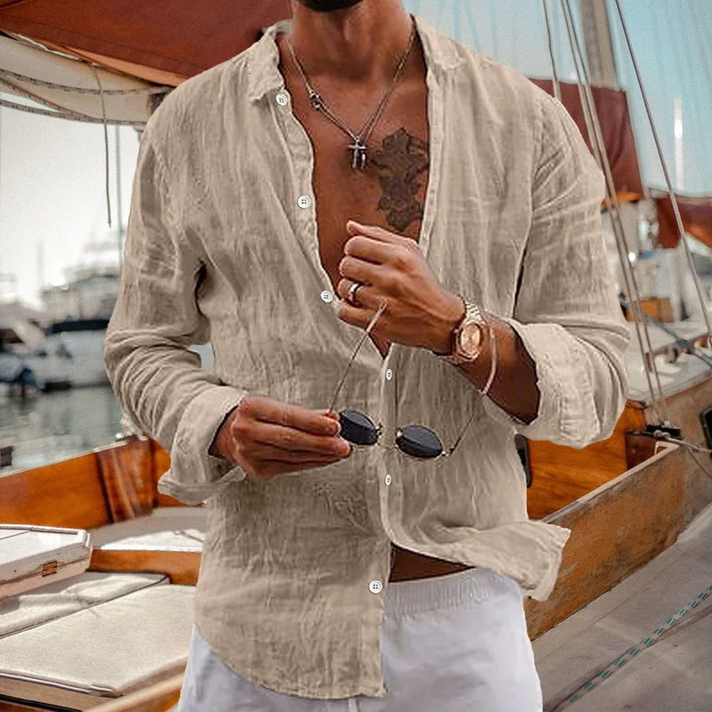 linen mens long sleeved lapel loose and comfortable mens shirt for spring and summer solid casual shirt mens clothing 241113