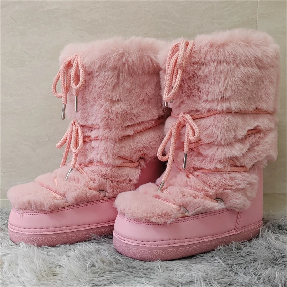 Womens artificial fur leather boots with middle claw strap waterproof platform snow boots for winter warm and comfortable womens pink ski boots 241113