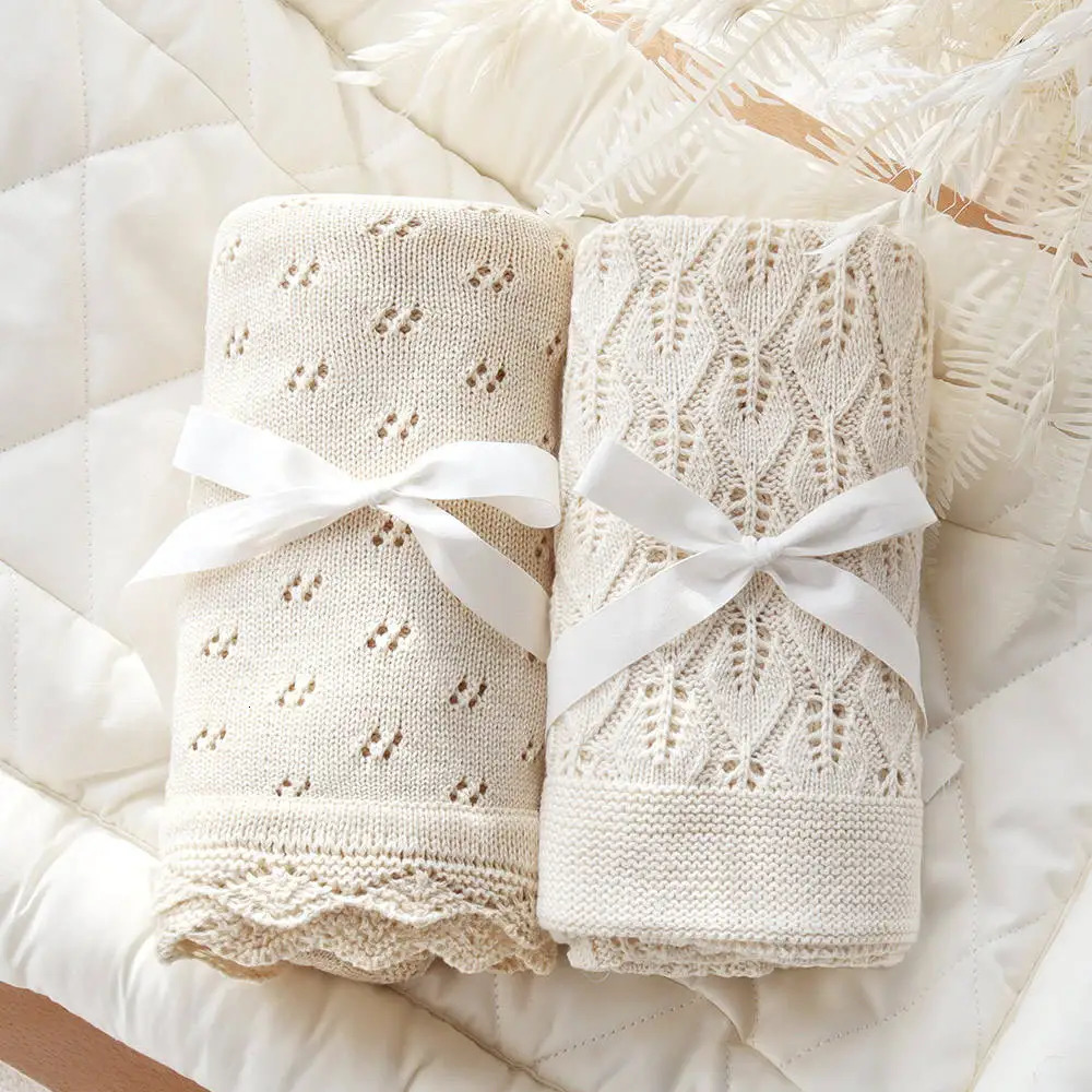 Knitted baby blankets born shower gifts cotton swaddle packaging blankets nap covers baby bed bedding lace pick-up holes 241113