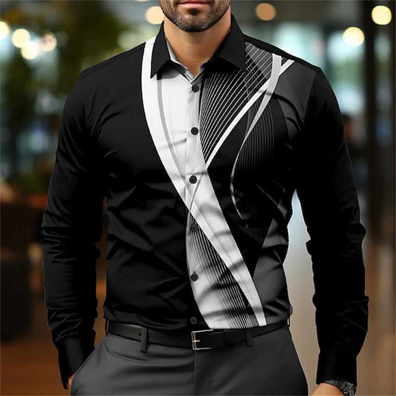 New Mens Fashion Long-sleeved Shirt Spring And Autumn Casual Single-breasted Lapel Shirt 3D Striped Printed Temperament ShirtXJ24113
