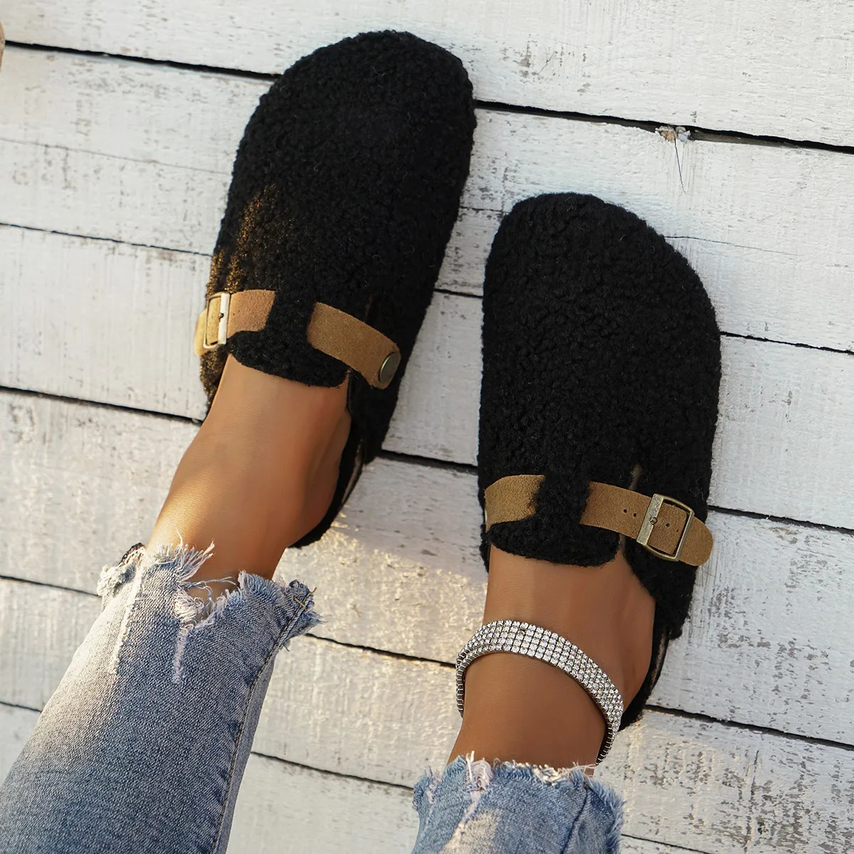Women Slippers Mules Fur Women Shoes Winter Buckle Flats Platform Walking Plush Ladies Slides Casual Warm Indoor Boots Women 241114