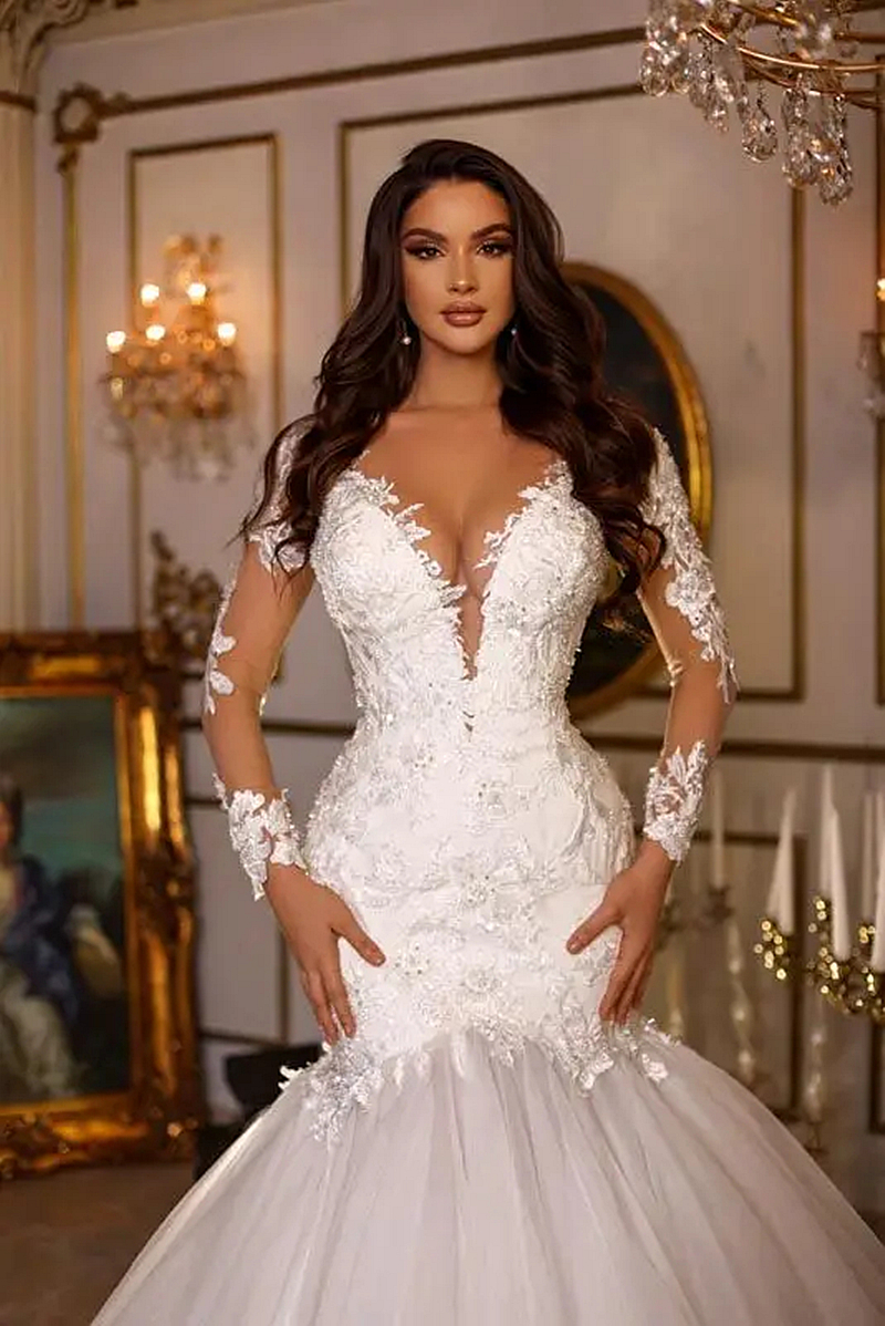 Charming Mermaid Wedding Dresses Long Sleeves Lace Appliques Illusion Sexy Bridal Gowns Ivory Tulle Bride dress Sheer Back Summer Vestido De Novia 202